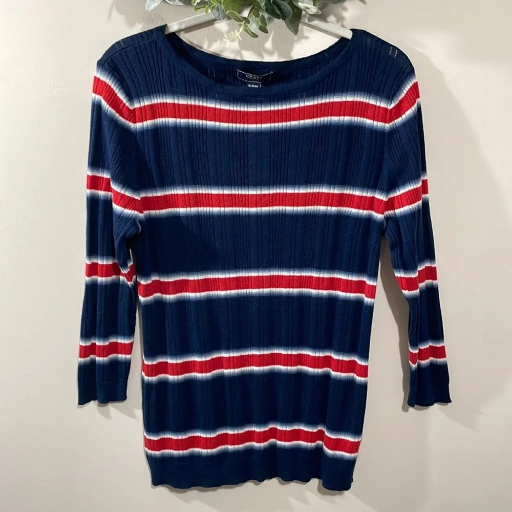 NWT Chaps Linen Blend Ribbed Crewneck Red White Blue Striped XL